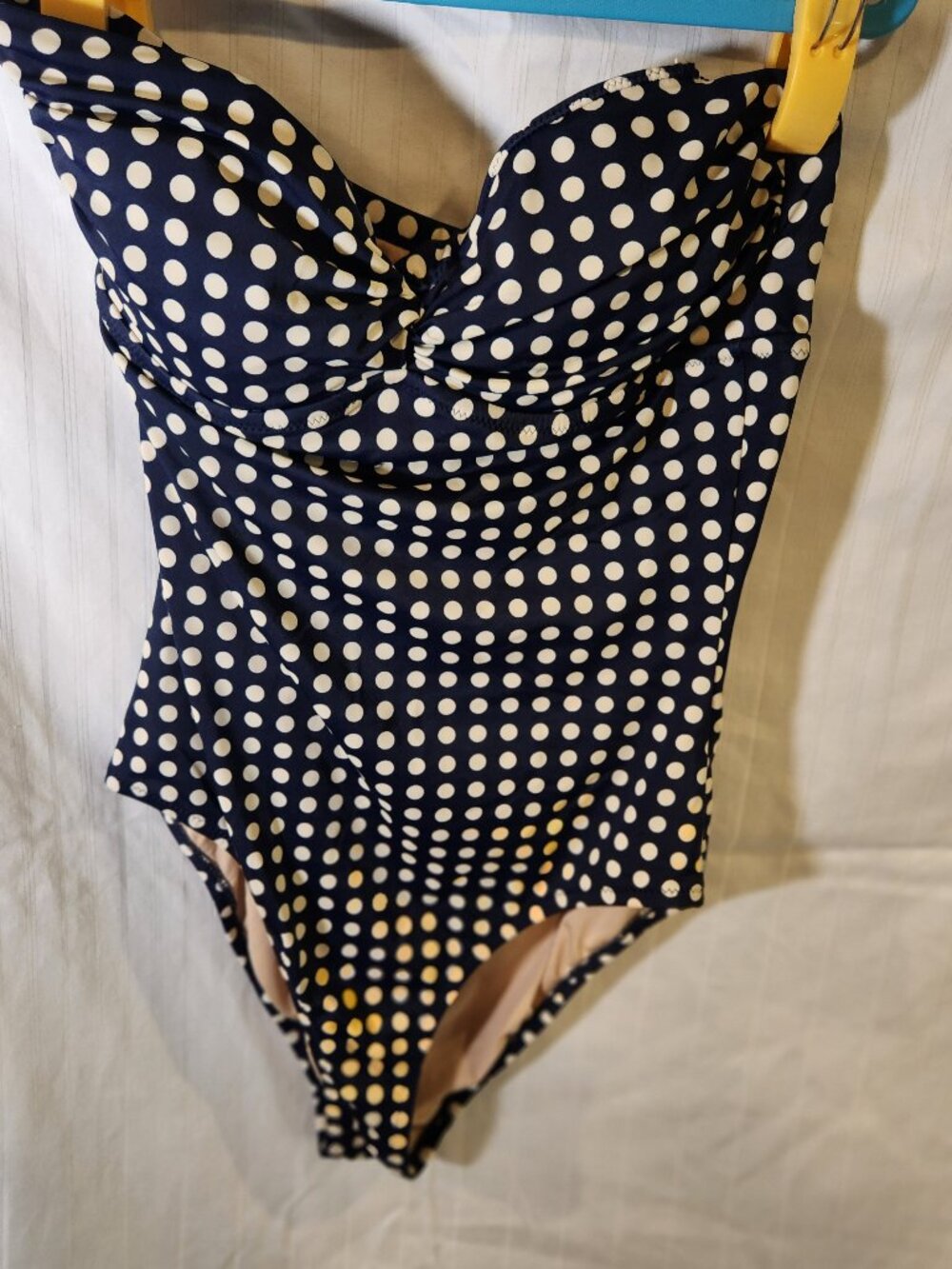 J. Crew Gemma Ruched Bandeau One-Piece Swimsuit Navy Blue Polka Dot Size L